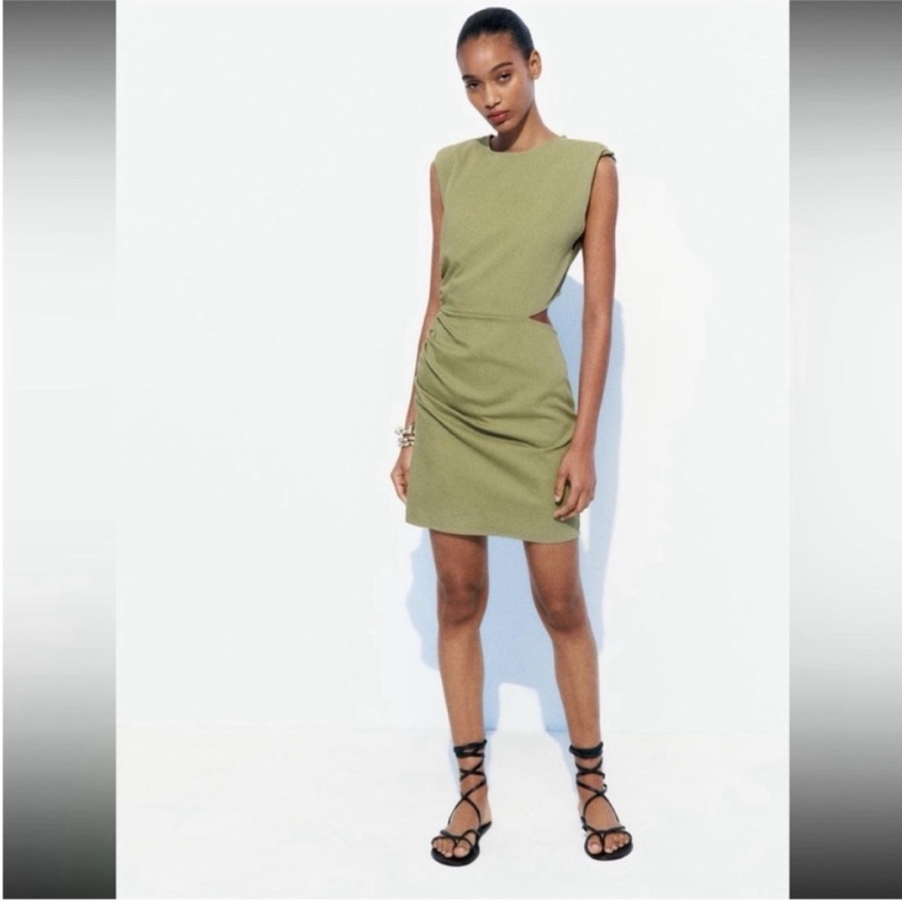 Zara, Light Khaki, RUCHED CUT OUT MINI DRESS, Medium